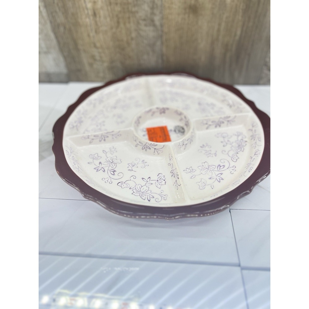 NEW Temptations Purple FLORAL LACE 2 In 1 Cake Stand Chip & Dip Crudite Set MINT - Picture 9 of 12